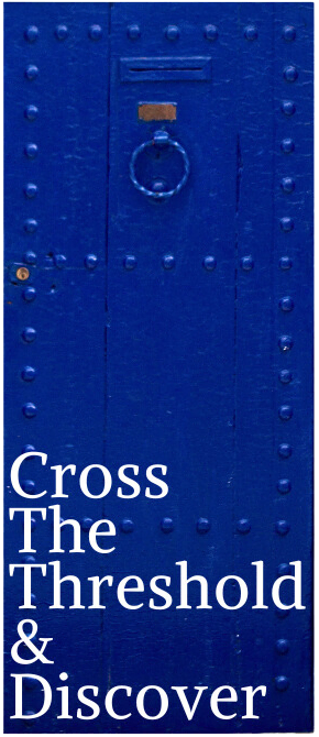 A blue door with a round metal knocker and the words "Cross The Threshold & Discover" printed on the left, inviting you to step into a realm of exceptional event planning.