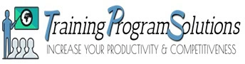 Logo for Training Program Solutions with a slogan "Increase Your Productivity & Competitiveness," featuring an illustration of a presenter in front of a screen and three audience members. Perfect for branding events, this design emphasizes growth and engagement.