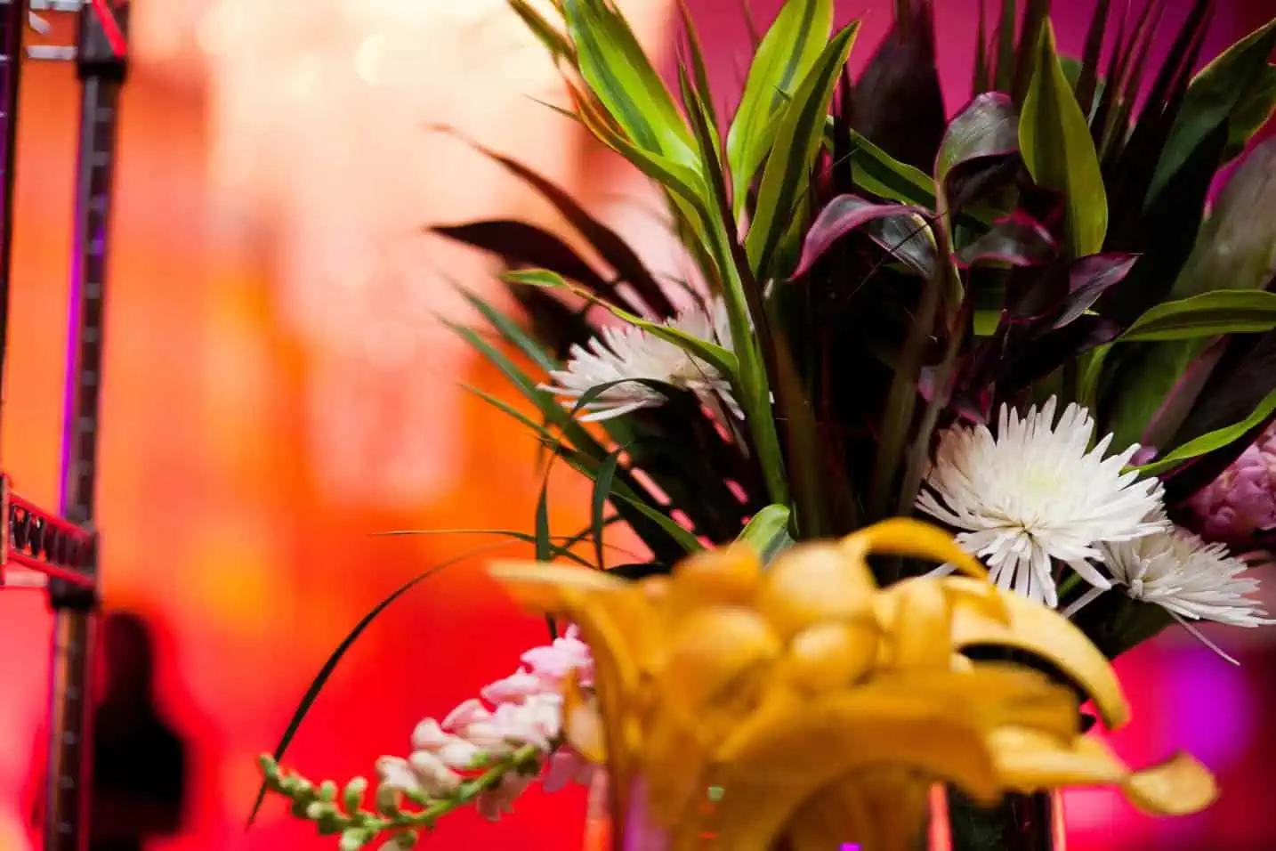 A vibrant floral arrangement featuring white and yellow flowers with green leaves against a blurred red and pink background, perfect for A Blue Door's event planning services.